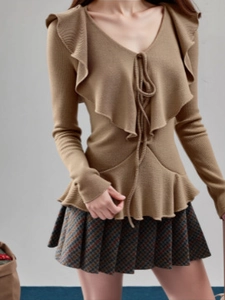 Blouse à Manches Longues et Volants pour Femmes Col en V Café Couleur Unie Chemise en Polyester à Lacets Mode Décontractée