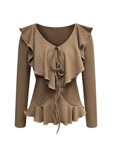 Haut en tricot marron café avec col en V, volants et lien de serrage pour femme