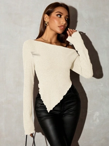 Off-shoulder off-white knit top with asymmetric hem and slim fit long sleeves style
