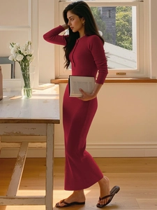 Slim fit knitted maxi dress in deep rose with long sleeves and black buttoned neckline