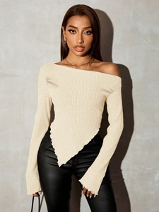 Off-shoulder off-white ribbed knit top with long sleeves and asymmetrical hemline