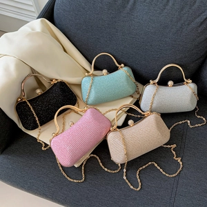 Chic glitter evening clutch bag with metal handle and chain strap in five colors
