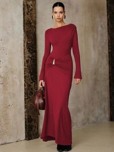 Robe Longue Élégante Rouge Vin pour Femme Coupe Ajustée Manches Longues Col Rond Drapé Robe de Soirée Fête Polyester Spandex