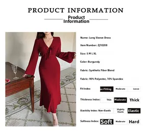 Dettaglio dell'abito bordeaux con scollo a V, pizzo, fiocco e maniche a campana