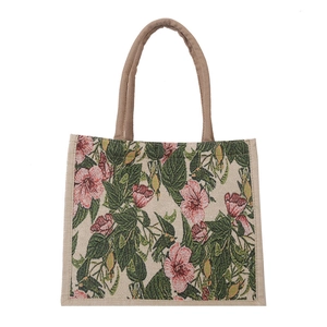 Bolso tote de lona retro con estampado floral rosa y asas superiores resistentes