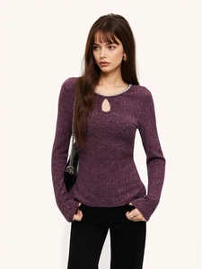 Haut à Manches Longues Violet pour Femmes Style Français Coupe Ajustée Encolure Goutte Bordure Strass Tricot Nervuré Automne Hiver