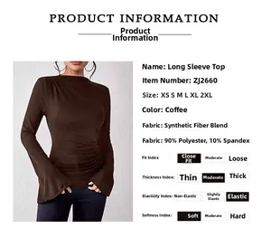 Detail view of coffee slim fit top showing ruched side design and bell sleeve details