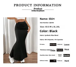 Size chart and fabric details for black slim fit ruched maxi skirt with fishtail hem