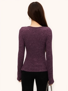 Haut violet ajusté à manches longues style français avec maille côtelée scintillante
