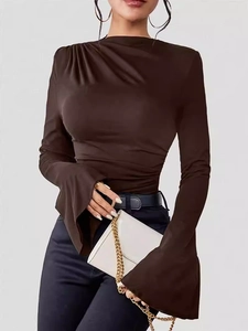 Slim fit dark brown long sleeve top with ruched high neck and flared bell sleeves