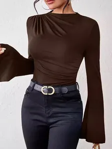 Slim fit chocolate long sleeve top with pleated neckline and wide flare sleeves