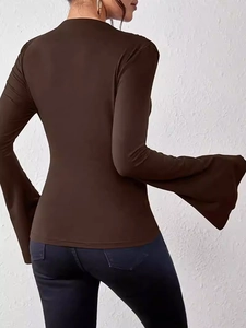 Slim fit dark brown long sleeve top with flared sleeves and a chic turtle neck for women