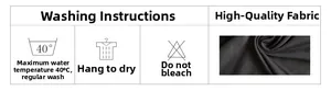 Detail of high-waisted black fabric with 40°C wash instructions and care labels