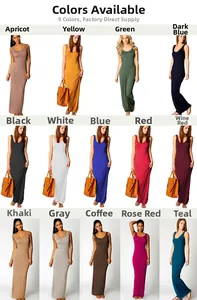 Collage of sleeveless slim fit maxi dresses in 14 vibrant colors with ribbed knit texture