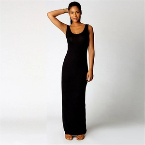 Detail view of the sleek black sleeveless maxi dress with a fitted bodycon silhouette