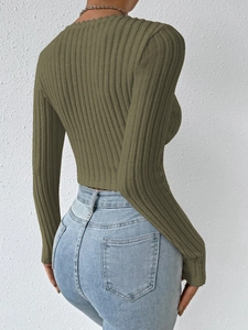 Slim fit deep army green long sleeve ribbed knit top with a stylish V-neck design