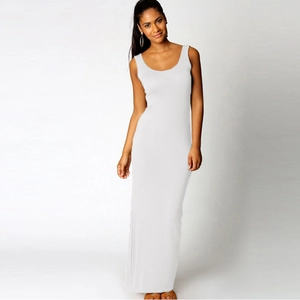 Detail view of the elegant white sleeveless maxi dress in premium ribbed fabric