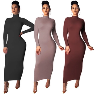 Three models wearing high neck long sleeve bodycon maxi dresses in black taupe and brown