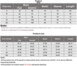 Detailed size chart for long sleeve bodysuit showing CM and Inch measurements from S to 2XL