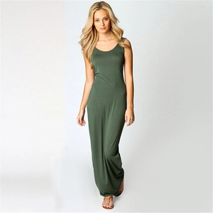 Detail of army green sleeveless maxi dress with crew neck and slim fit jersey fabric