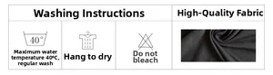 Detail of black bodysuit fabric texture with care instructions and washing symbols