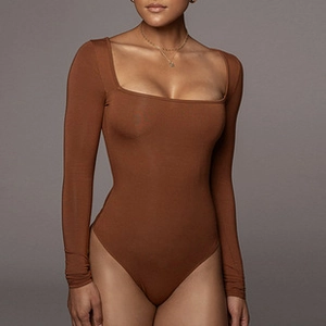 Close-up of deep brown long sleeve bodysuit with square neckline and slim fit design