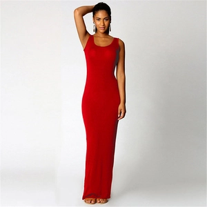 Detail of red sleeveless bodycon maxi dress in stretch knit with deep round neckline