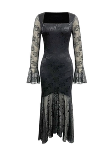 Elegant black square neck mesh jacquard dress with floral texture and irregular hemline