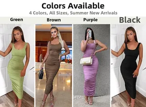 Eng anliegendes Raffkleid in vier Farben Grün Braun Lila und Schwarz für Sommer