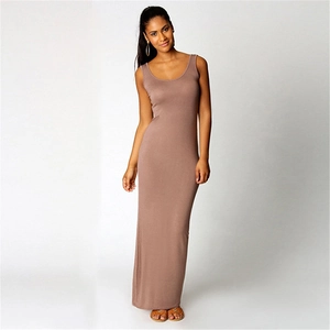 Close-up of a mauve sleeveless maxi dress with a slim fit and crew neck design