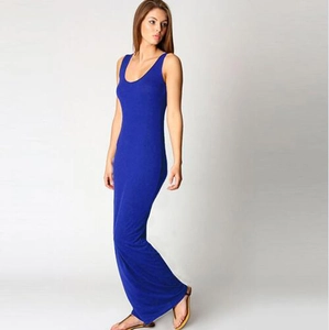 Detail of royal blue sleeveless maxi dress showing slim fit and round neckline cut