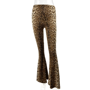 Detail shot of leopard print flared leggings with high waist and brown pattern