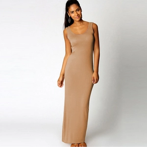 Detailed close-up of khaki sleeveless maxi dress with high-quality knit fabric texture