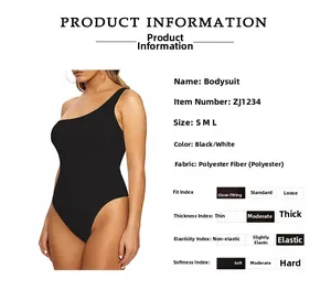 Size chart and fabric details of a one-shoulder black polyester bodysuit for women