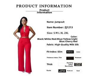 Detail view of red wide-leg jumpsuit showing V-neck design and high waist belt features