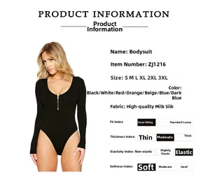 Detailed chart showing milk silk bodysuit features with front zipper and slim fit design