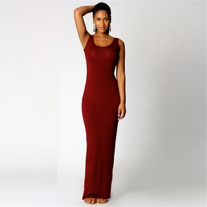 Full-length detail of a slim-fit burgundy sleeveless maxi dress with elegant round neck