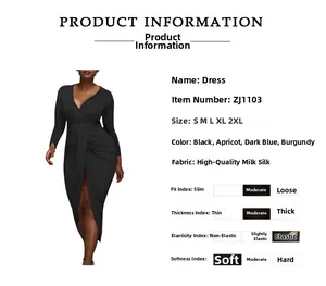 Size chart showing deep V-neck long sleeve dress with waist ruching and side slit