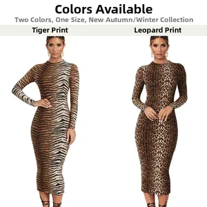 Détail de robes moulantes à manches longues avec imprimés animaliers tigre et léopard