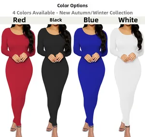 Detail showing red black blue and white slim fit long sleeve maxi bodycon dresses