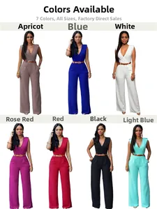 Collage de combinaisons à jambes larges avec col en V et ceinture en sept couleurs