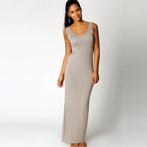 Detail of grey sleeveless slim fit maxi dress showing high-quality modal fabric texture