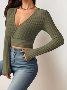 Slim fit army green ribbed long sleeve top with sexy cross V-neck and cropped waist design