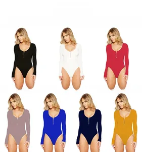Multi-color collection of long-sleeved bodysuits with front zippers and deep V-necklines