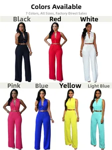 Detail view of high waist wide leg jumpsuits in seven vibrant colors for summer