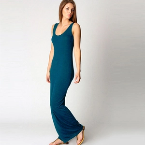 Close-up of the elegant deep teal slim-fit sleeveless maxi dress with a round neckline