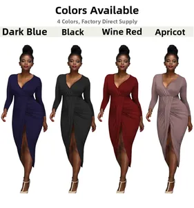 Deep V-neck long sleeve slim fit dresses shown in navy, black, wine red, and apricot colors