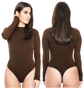 Front and back view of brown long sleeve high neck bodysuit with thong cut design