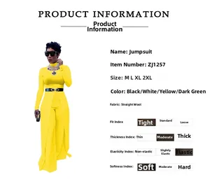Detailed size chart for slim fit long sleeve jumpsuit with high stretch fabric specs