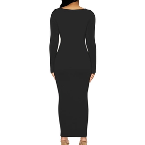 Rear view of a black long-sleeve bodycon dress with ankle-length and slim-fit cut
